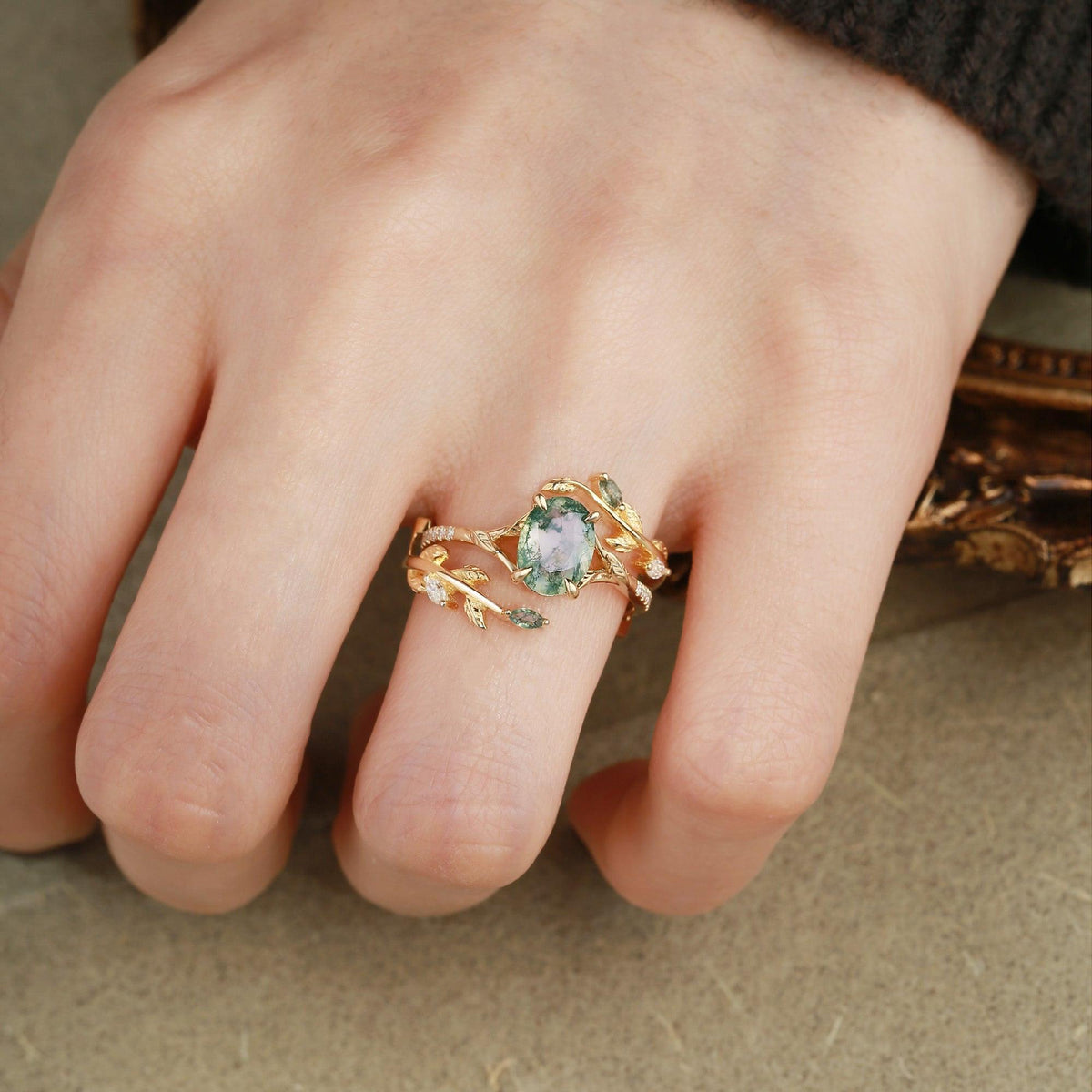 Cordelia’s Branching | Moss Agate Leafy Split Band Bridal Set 2pcs.