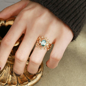 Léonie Oval Cut Moss Agate Leafy Enhancer Ring Set 2pcs.