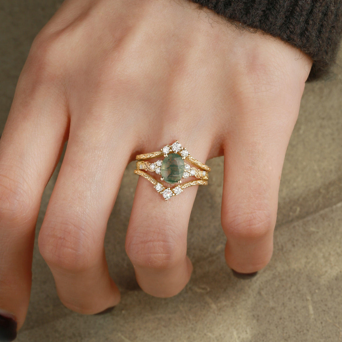 Hazel Blingflare Oval Moss Agate Filigree Ring Bridal Set 2pcs.