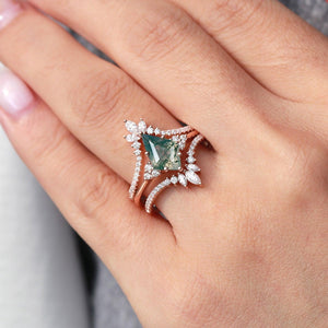 Flora’s Frond | Kite Cut Moss Agate Engagement Ring Set 3pcs.