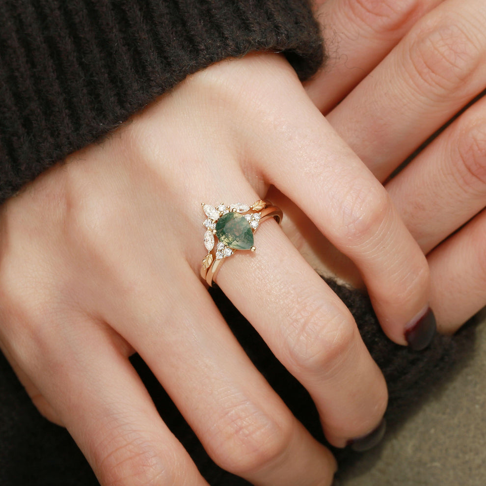 Clarissa Unique Moss Agate Engagement Ring Set 2pcs.
