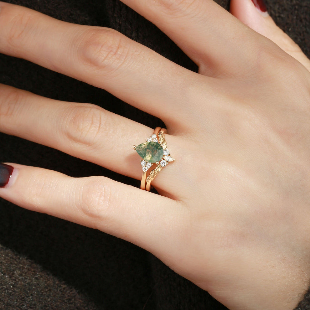 Mirabel’s Idyll | Unique Moss Agate Leaf Engagement Ring Set 2pcs.