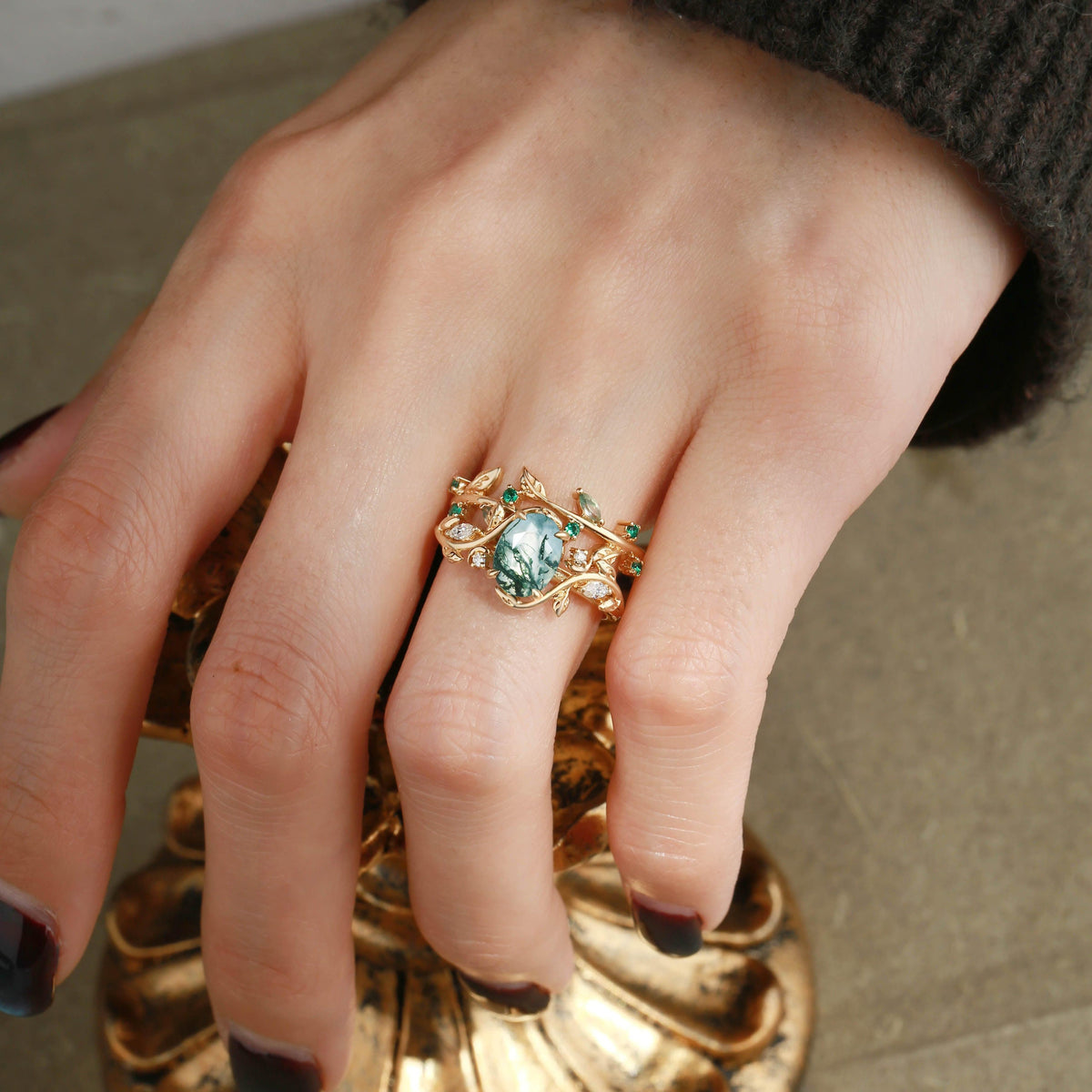 Oval Cut Moss Agate Branch Leafy Engagement Ring Set 2pcs.