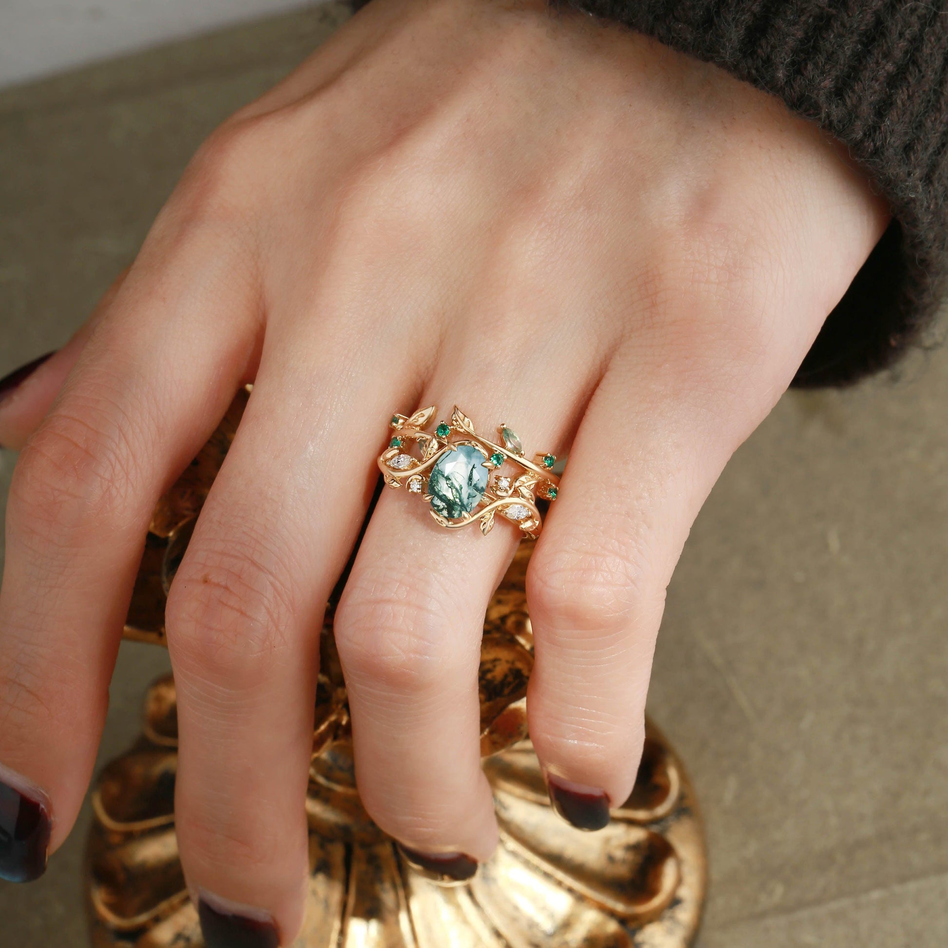 Oval Cut Moss Agate Branch Leafy Engagement Ring Set 2pcs.
