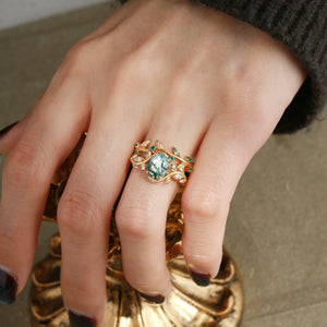 Oval Cut Moss Agate Branch Leafy Engagement Ring Set 2pcs.