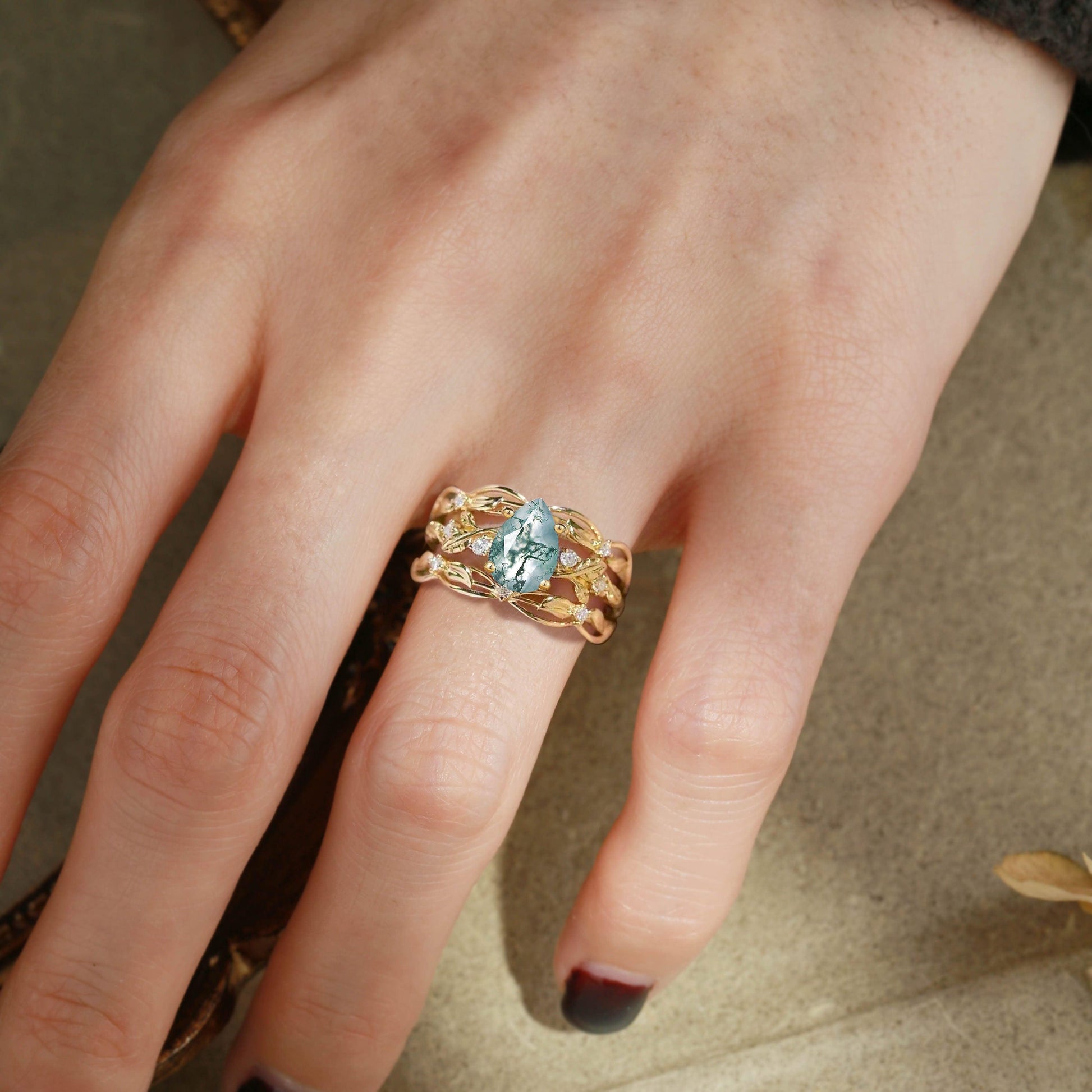 Felicity Moss Agate & Moissanite Vine Engagement Ring Set 2pcs.