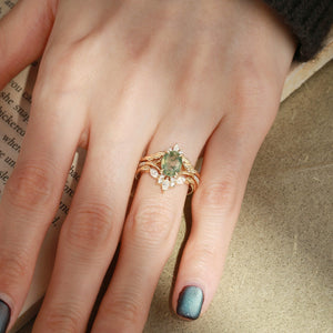 Unique Oval Cut Moss Agate Leafy Cluster Bridal Set.