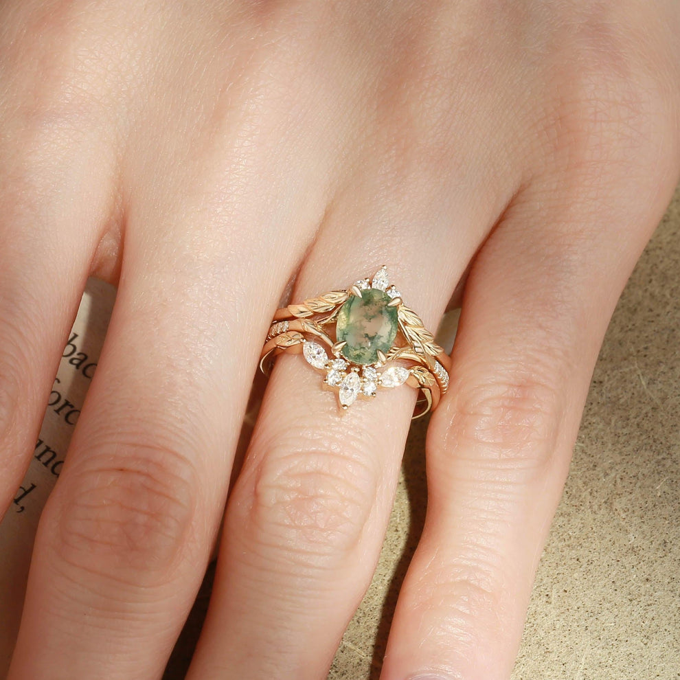 Unique Oval Cut Moss Agate Leafy Cluster Bridal Set.