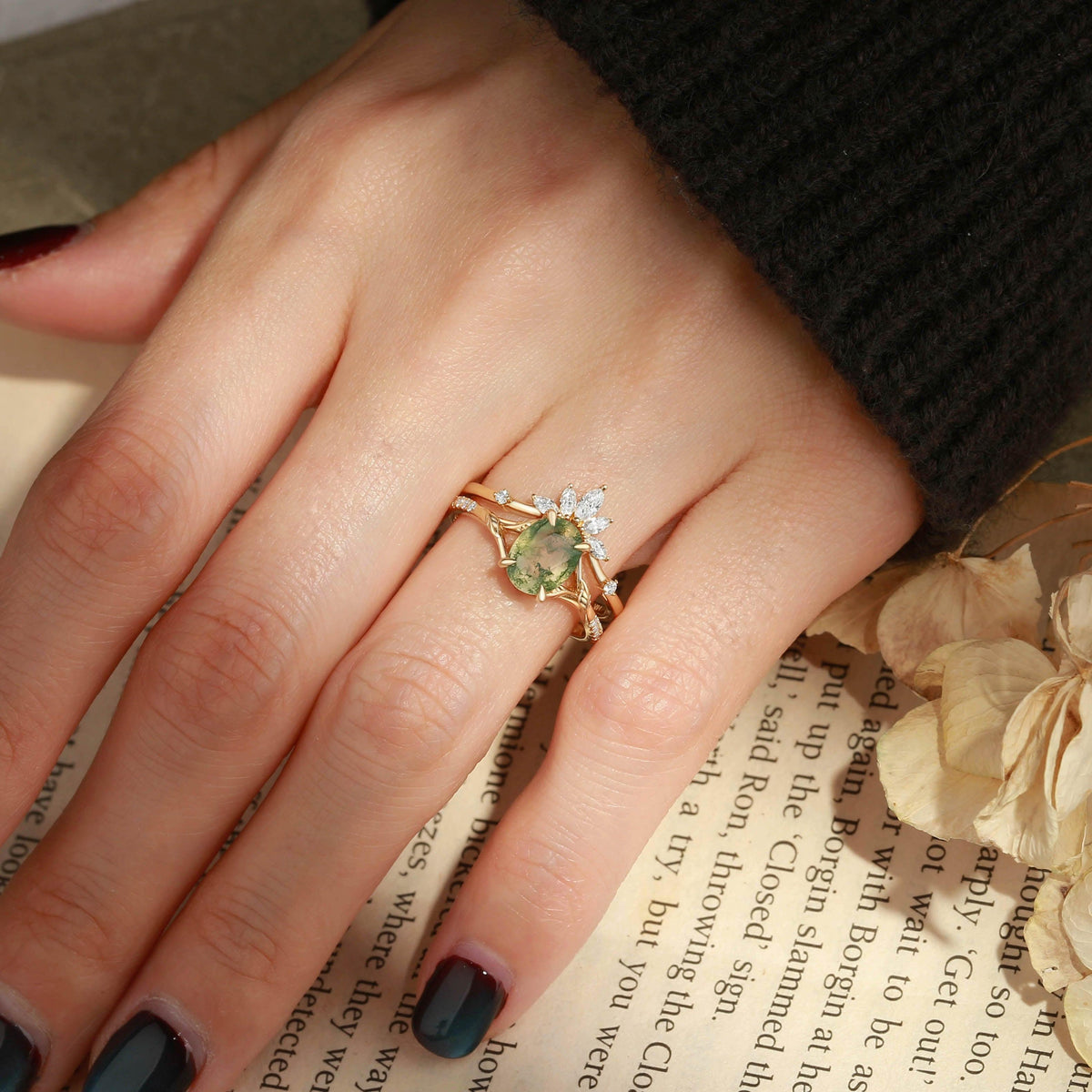 Oval Cut Moss Agate Leafy Cluster Bridal Set.
