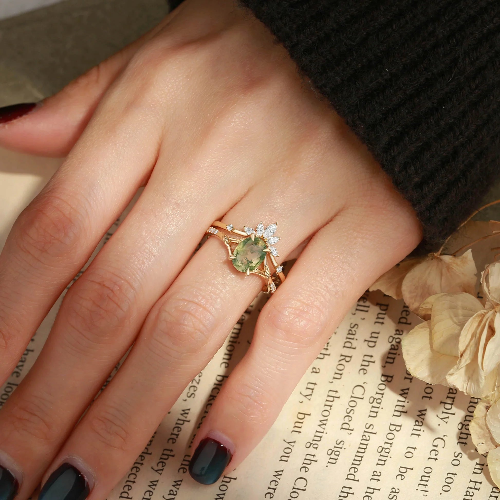 Zinnia’s Meadow | Oval Cut Moss Agate Leafy Gold Couple Ring Set 3pcs.