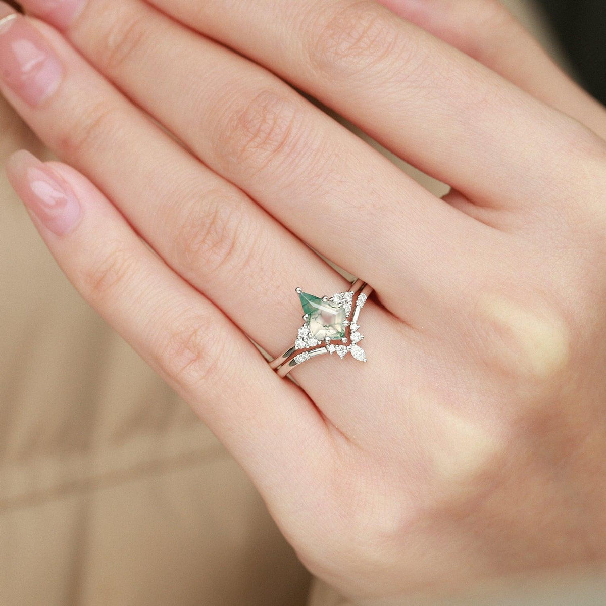 Curved Moss Agate Engagement Ring Set 2pcs.
