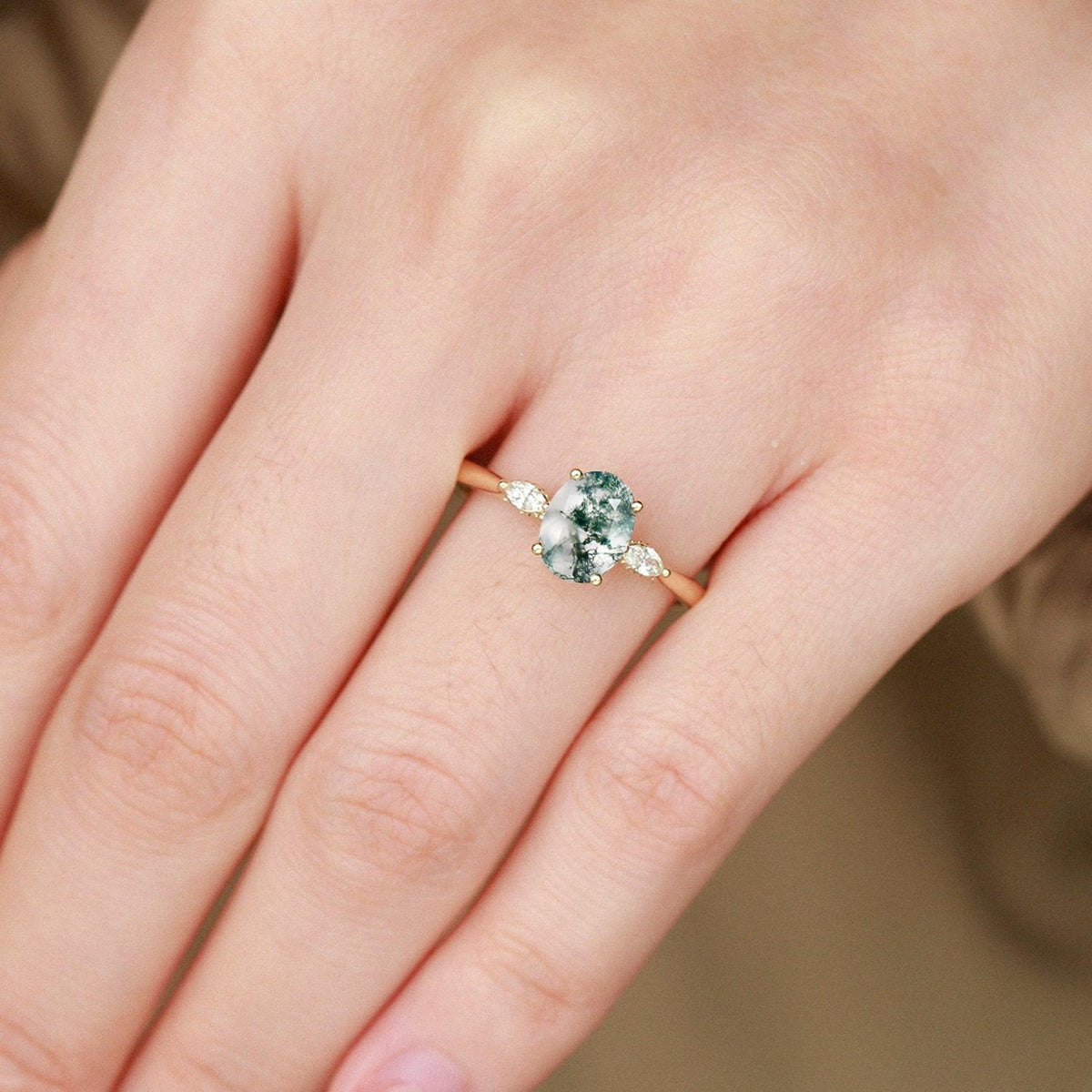 Elara’s Trio | Oval Moss Agate Hidden Halo Engagement Ring.