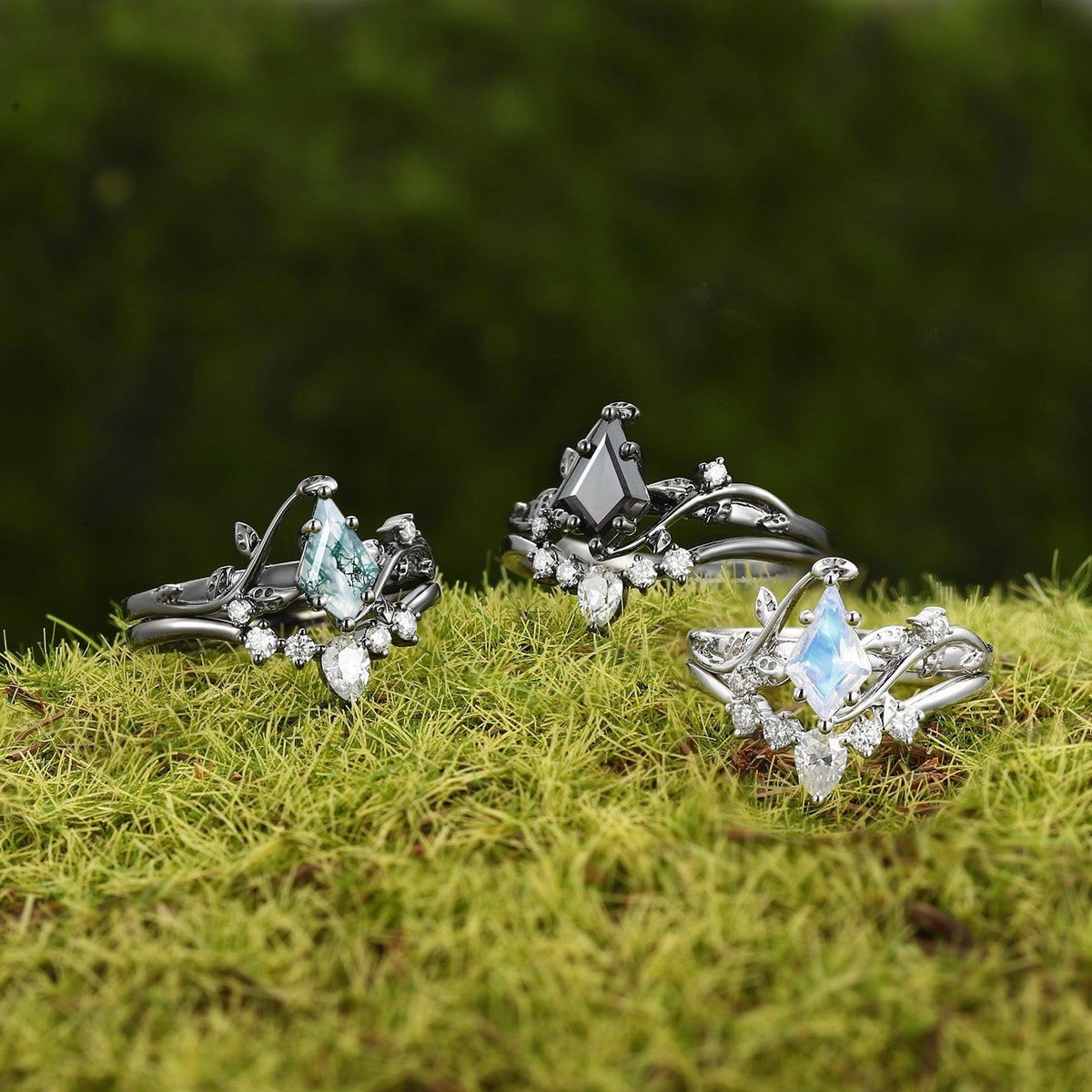 Kite Glade | Moss Agate Leafy Black Gold Bridal Set 2pcs.