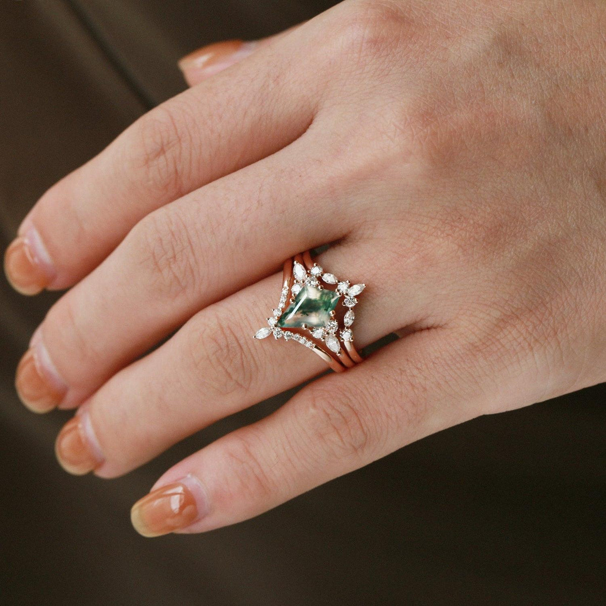 Kinsley Unique Kite Cut Moss Agate Chevron Engagement Ring Set 3pcs.