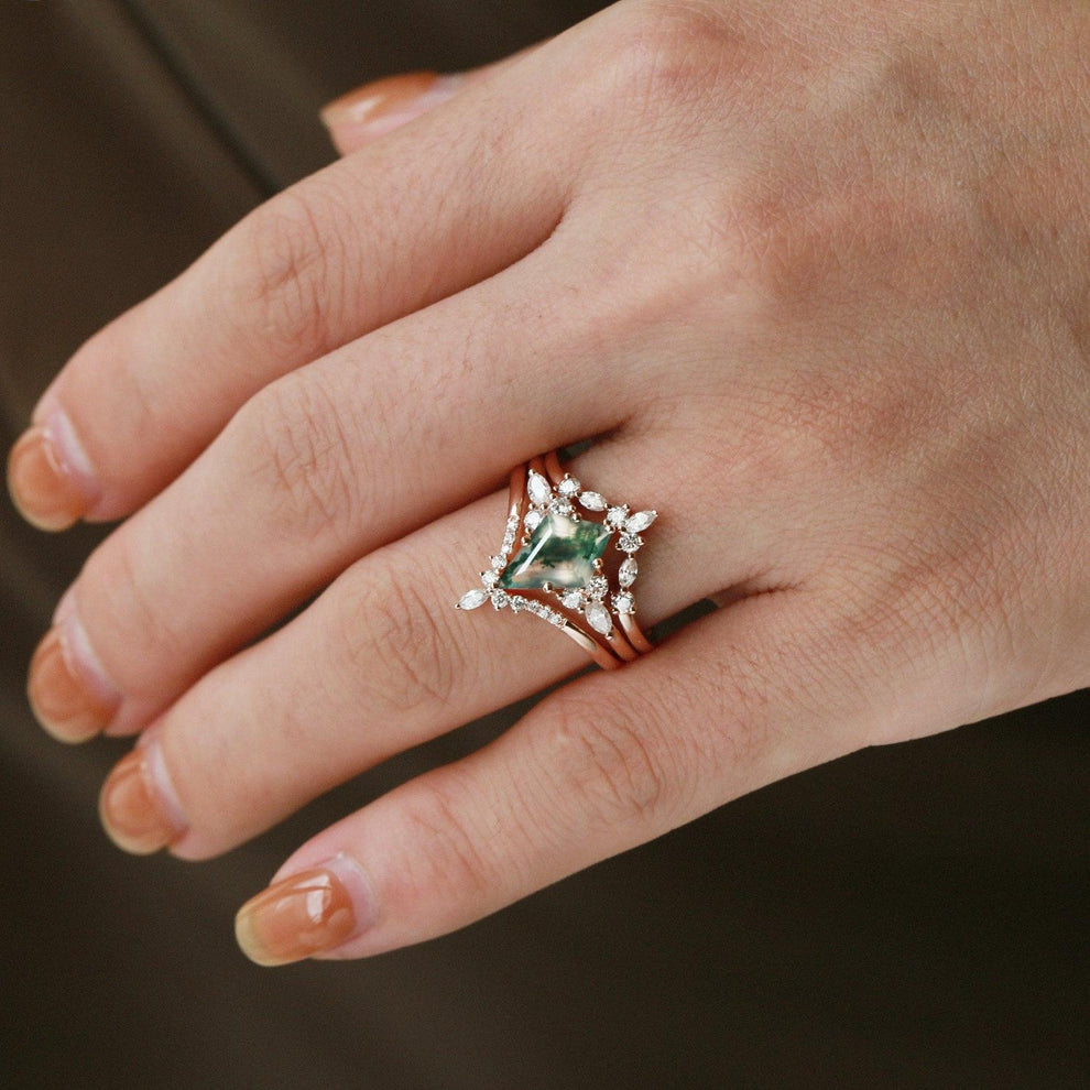 Kinsley Unique Kite Cut Moss Agate Chevron Engagement Ring Set 3pcs.