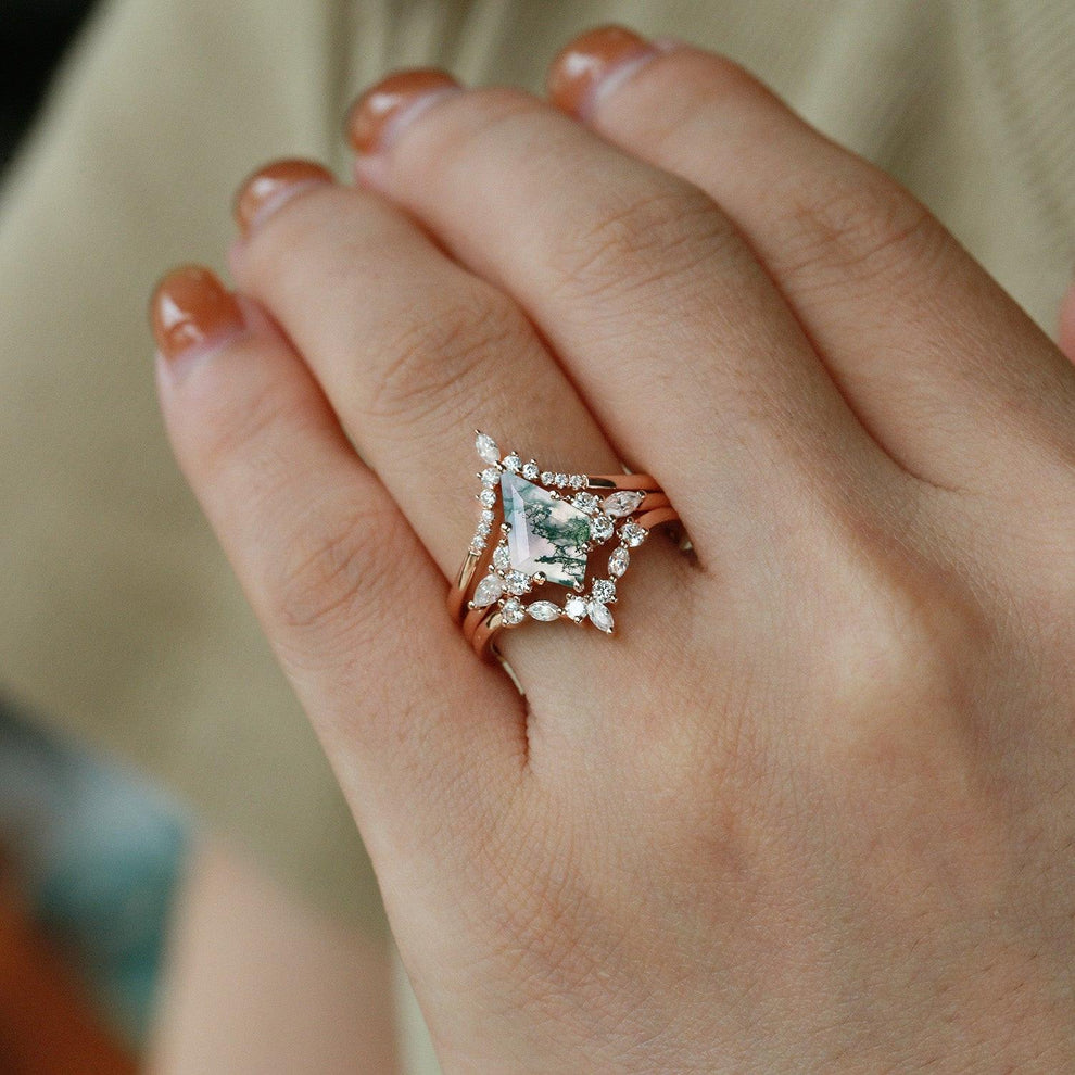 Kinsley Unique Kite Cut Moss Agate Chevron Engagement Ring Set 3pcs.