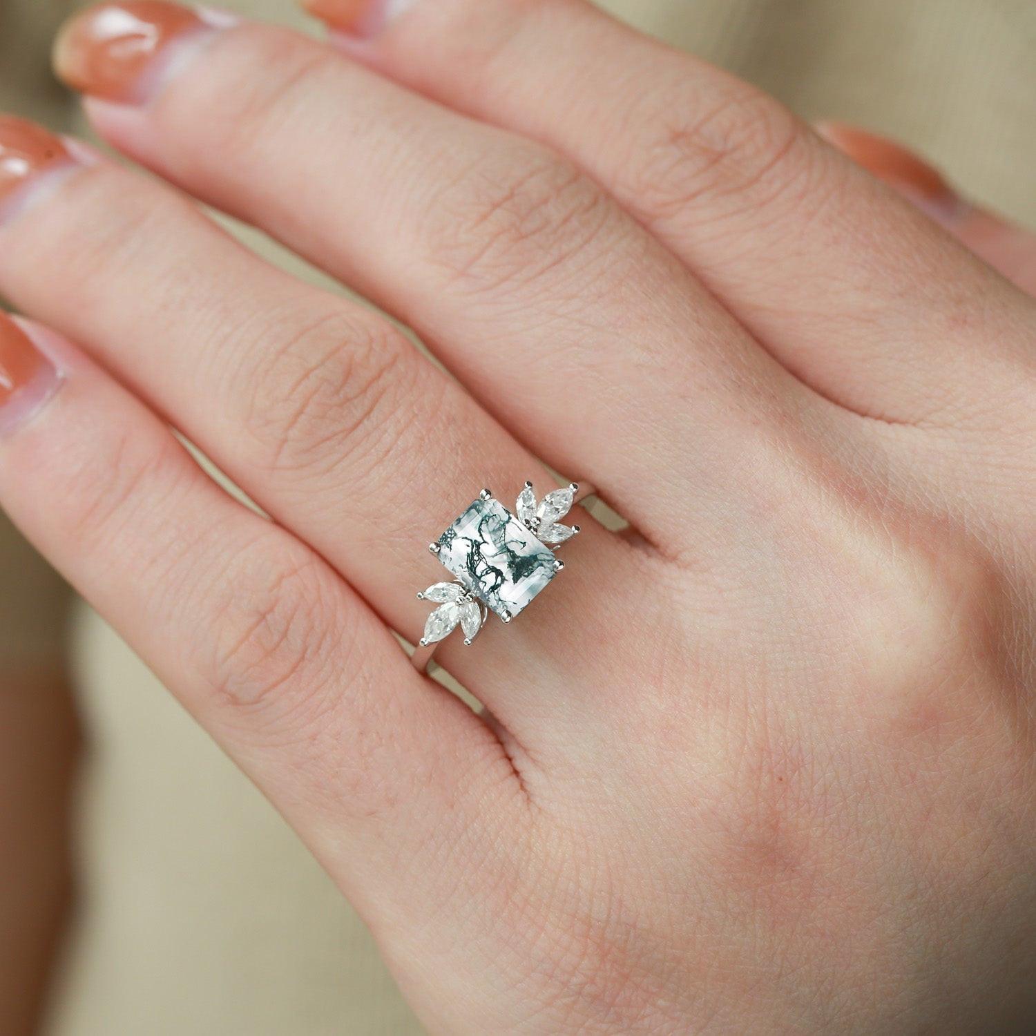 Sylvie’s Lattice | Emerald Cut Moss Agate Cluster Engagement Ring.