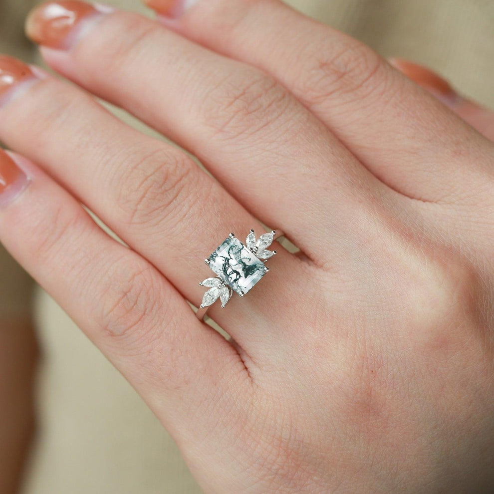 Sylvie’s Lattice | Emerald Cut Moss Agate Cluster Engagement Ring.