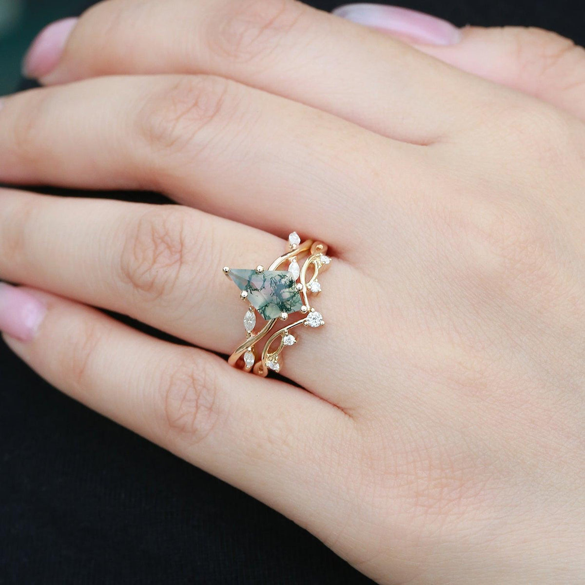 Unique Kite Cut Moss Agate Infinity Engagement Ring Sets 2pcs.