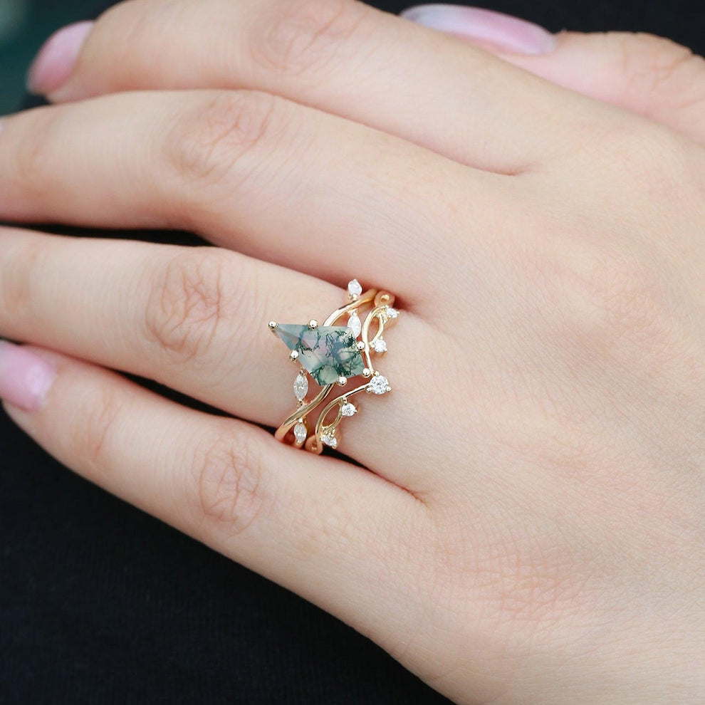 Unique Kite Cut Moss Agate Infinity Engagement Ring Sets 2pcs.