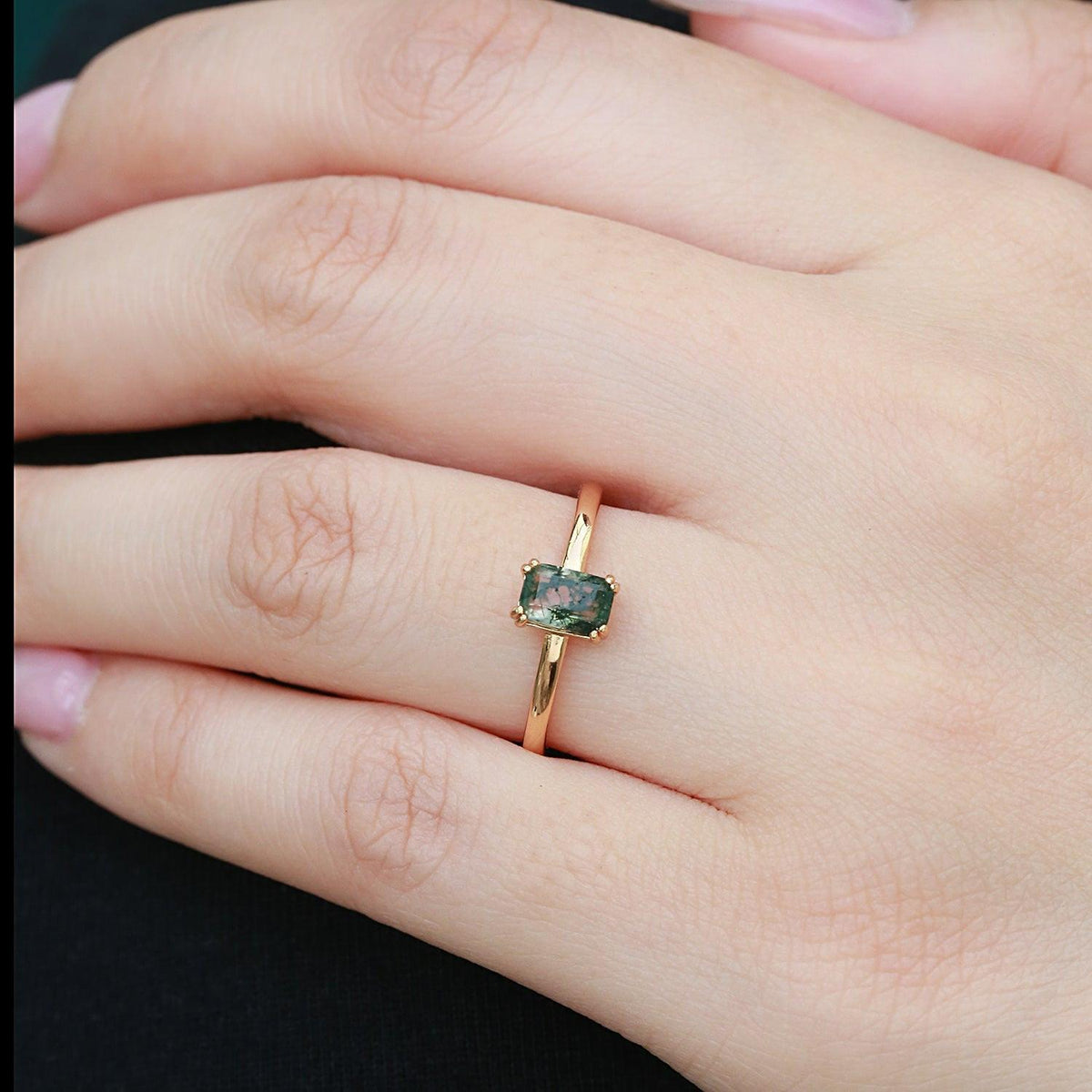 Emerald Cut Moss Agate Solitaire Engagement Ring.
