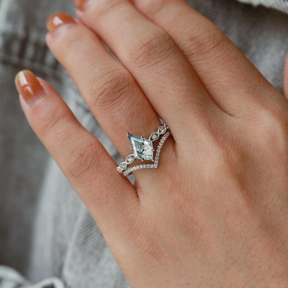 Art-Deco Kite Cut Moss Agate  Engagement Ring Set 2pcs.