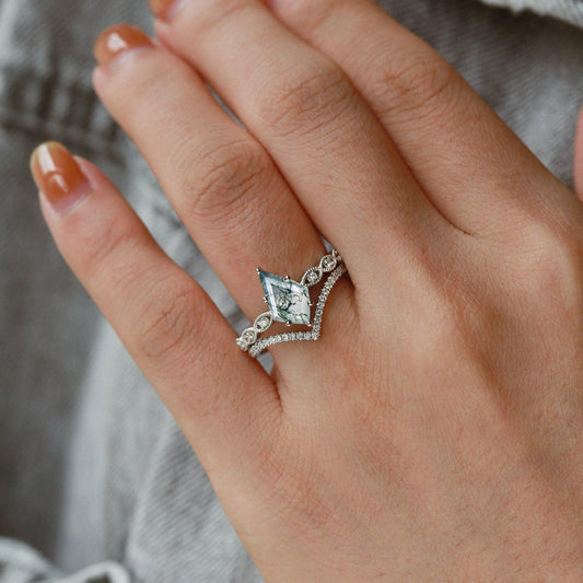 Art-Deco Kite Cut Moss Agate  Engagement Ring Set 2pcs.