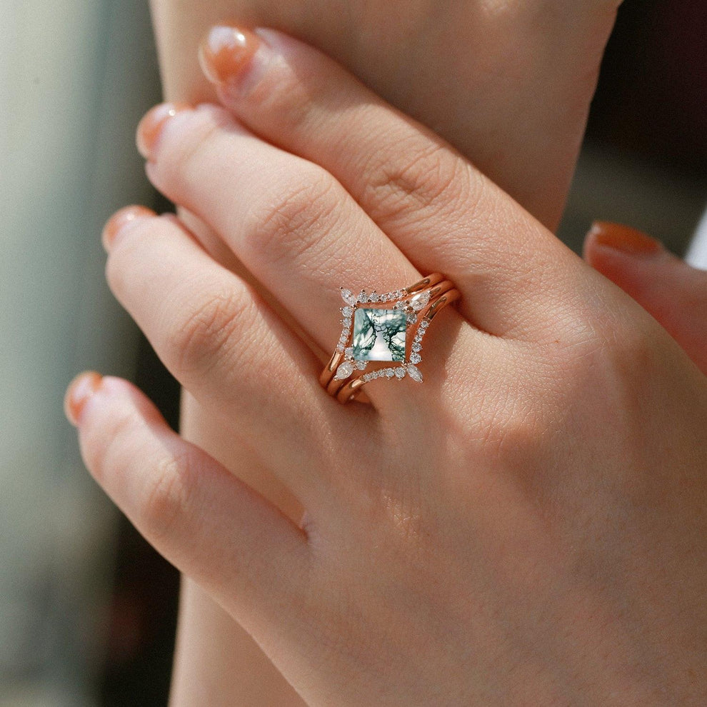 Moss Agate Princess Cut Cluster Engagement Ring Set 3pcs.