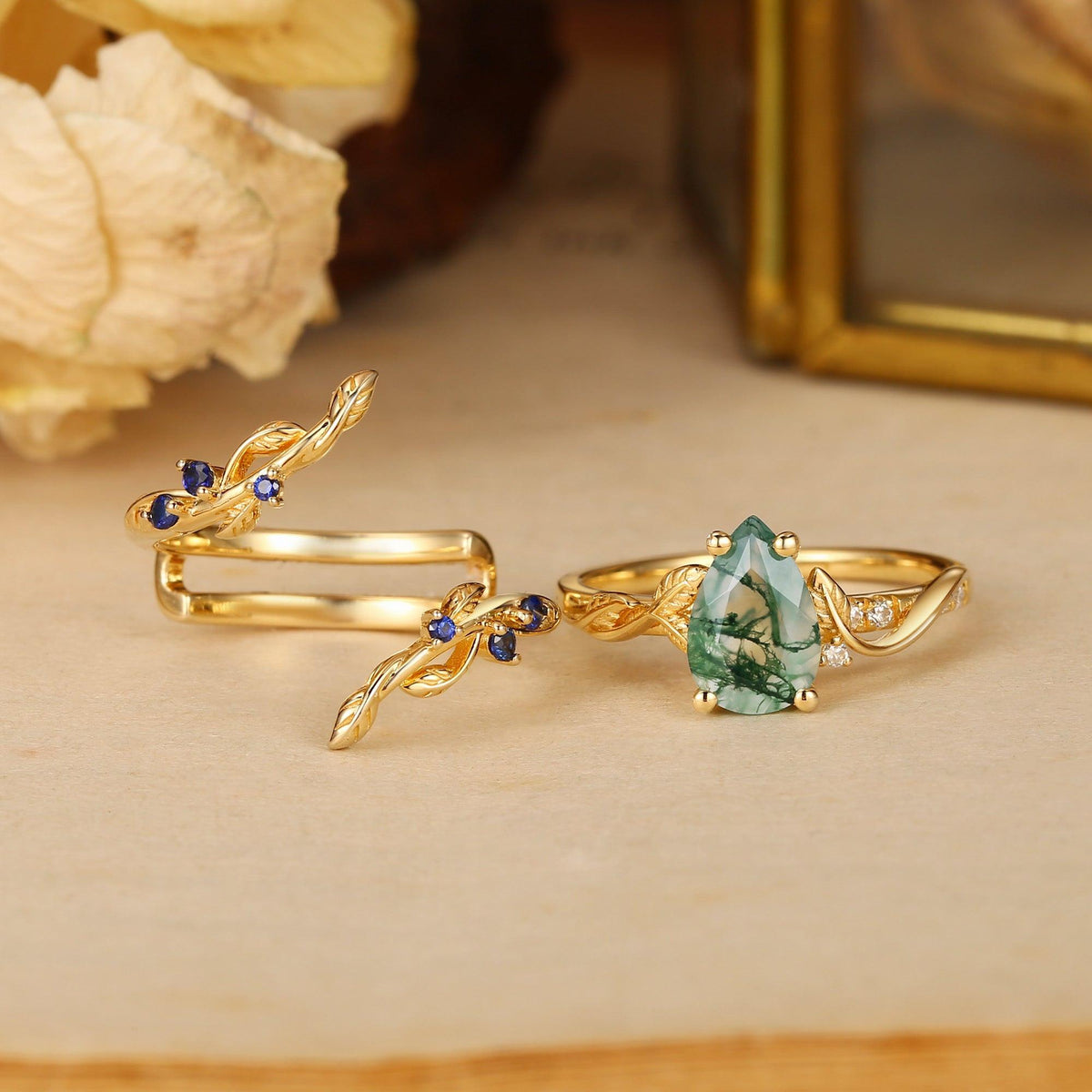 Cressida’s Companion | Moss Agate & Sapphire Engagement Enhancer Ring Set 2pcs.
