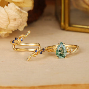 Cressida’s Companion | Moss Agate & Sapphire Engagement Enhancer Ring Set 2pcs.