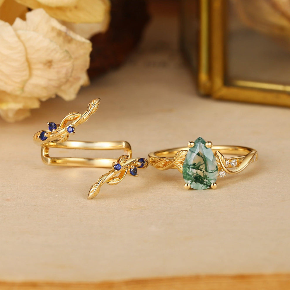 Cressida’s Companion | Moss Agate & Sapphire Engagement Enhancer Ring Set 2pcs.