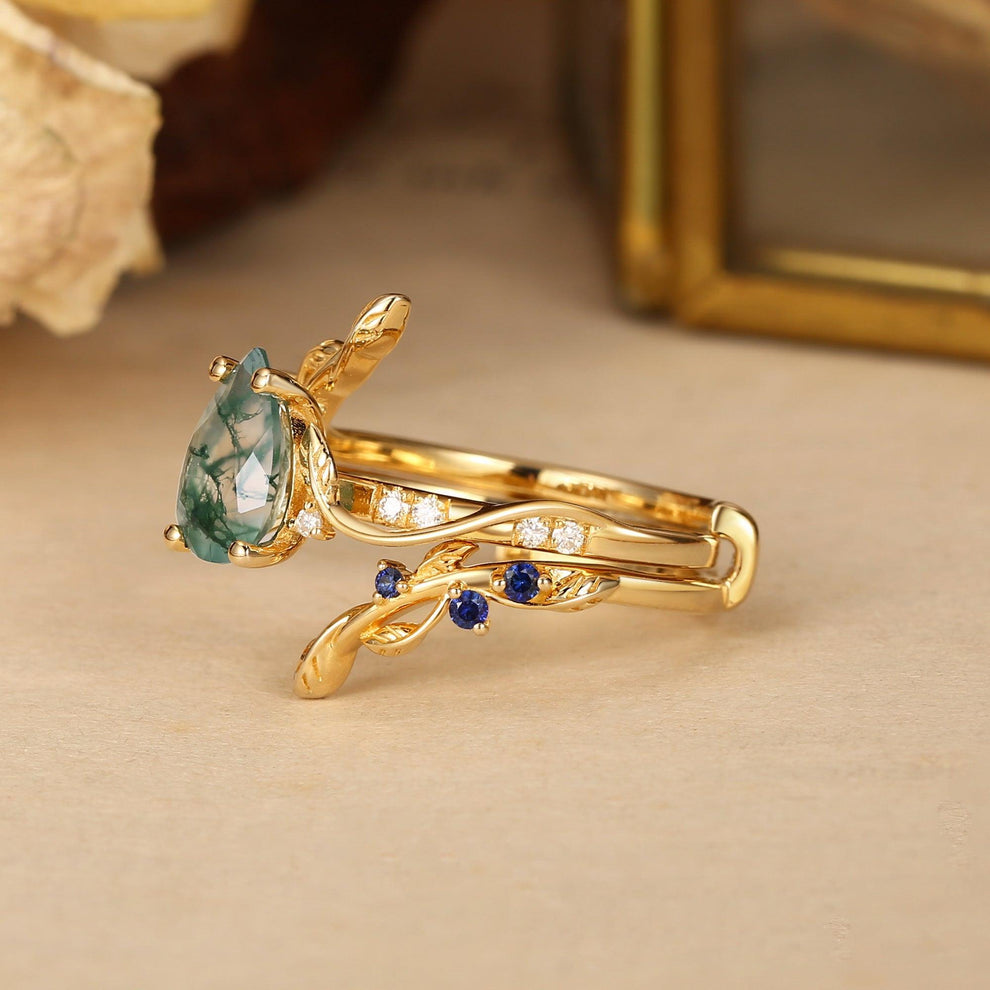 Cressida’s Companion | Moss Agate & Sapphire Engagement Enhancer Ring Set 2pcs.
