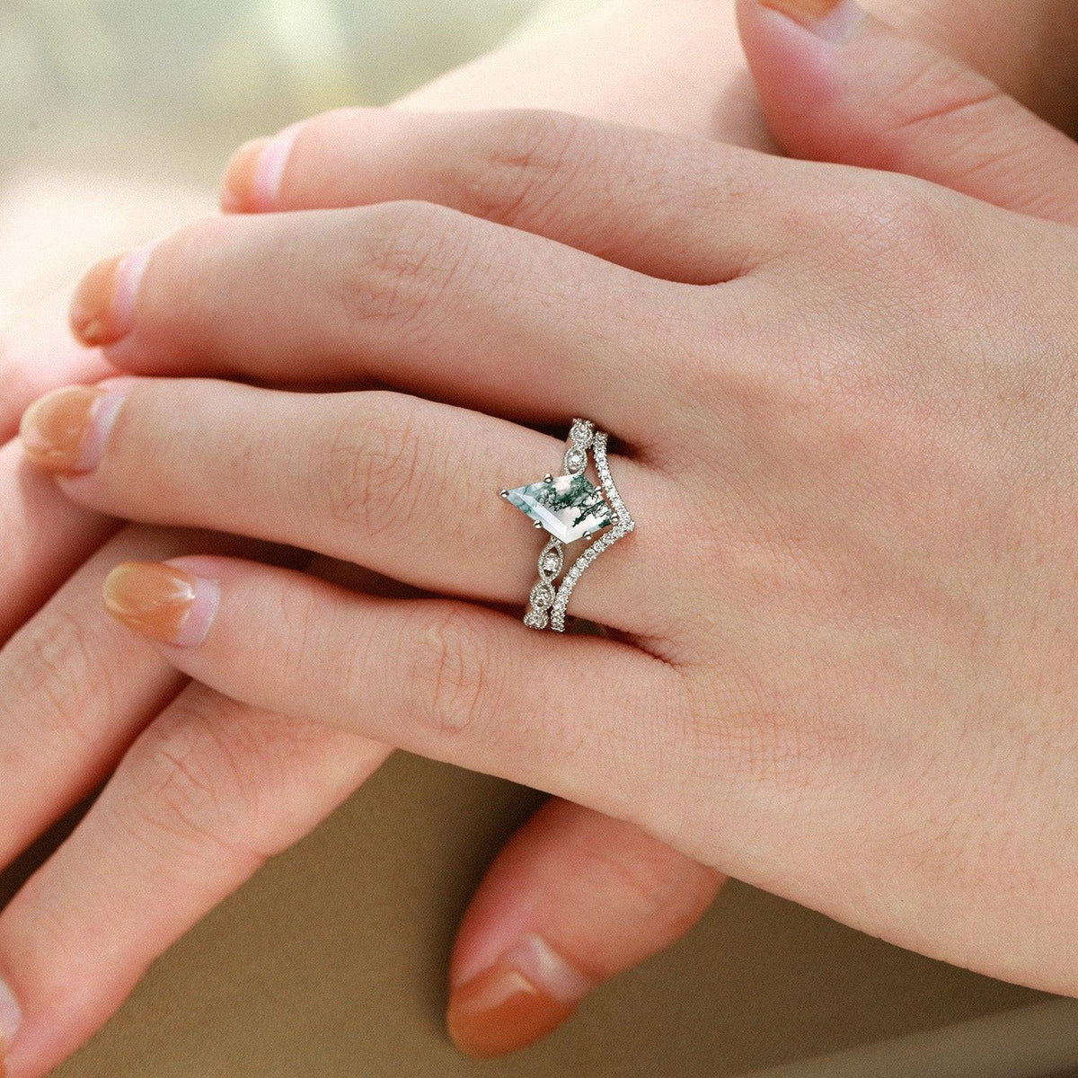 Art-Deco Kite Cut Moss Agate  Engagement Ring Set 2pcs.
