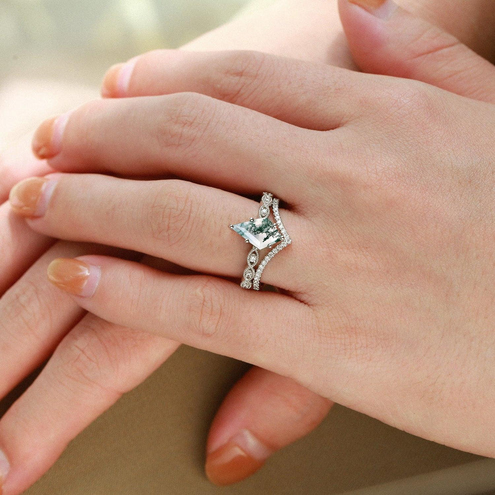 Art-Deco Kite Cut Moss Agate  Engagement Ring Set 2pcs.