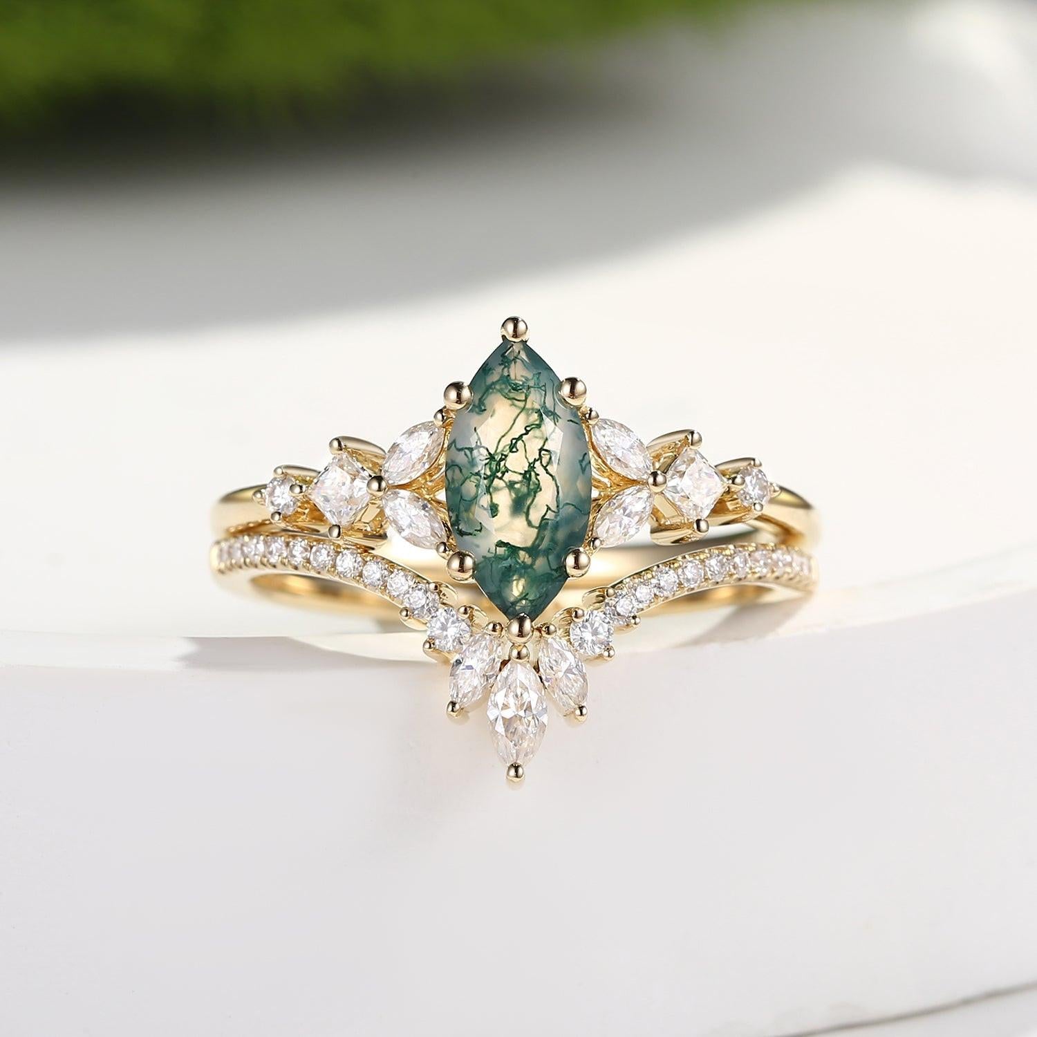 Lumen Glade | Marquise Moss Agate Cluster Engagement Set 2pcs.