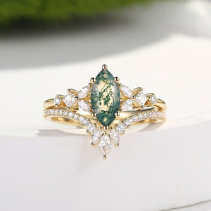 Lumen Glade | Marquise Moss Agate Cluster Engagement Set 2pcs.