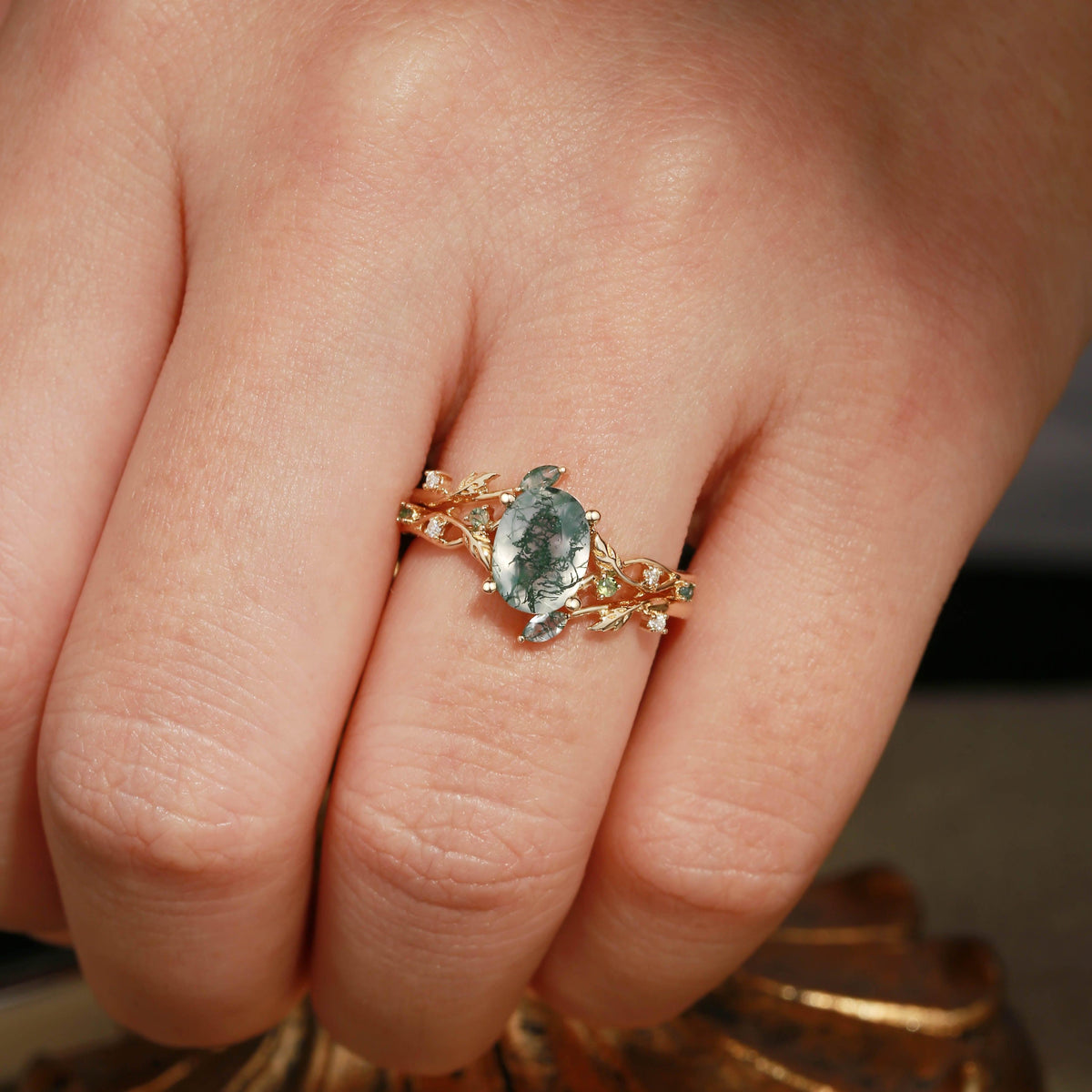 Melisande’s Tracery | Green Moss Agate Leaf Engagement Ring Set 2pcs.