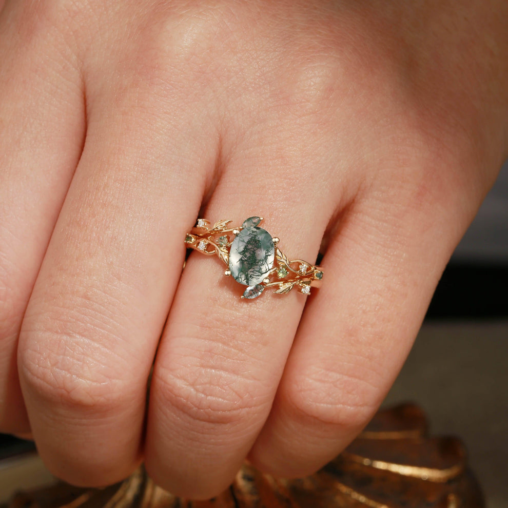 Melisande’s Tracery | Green Moss Agate Leaf Engagement Ring Set 2pcs.