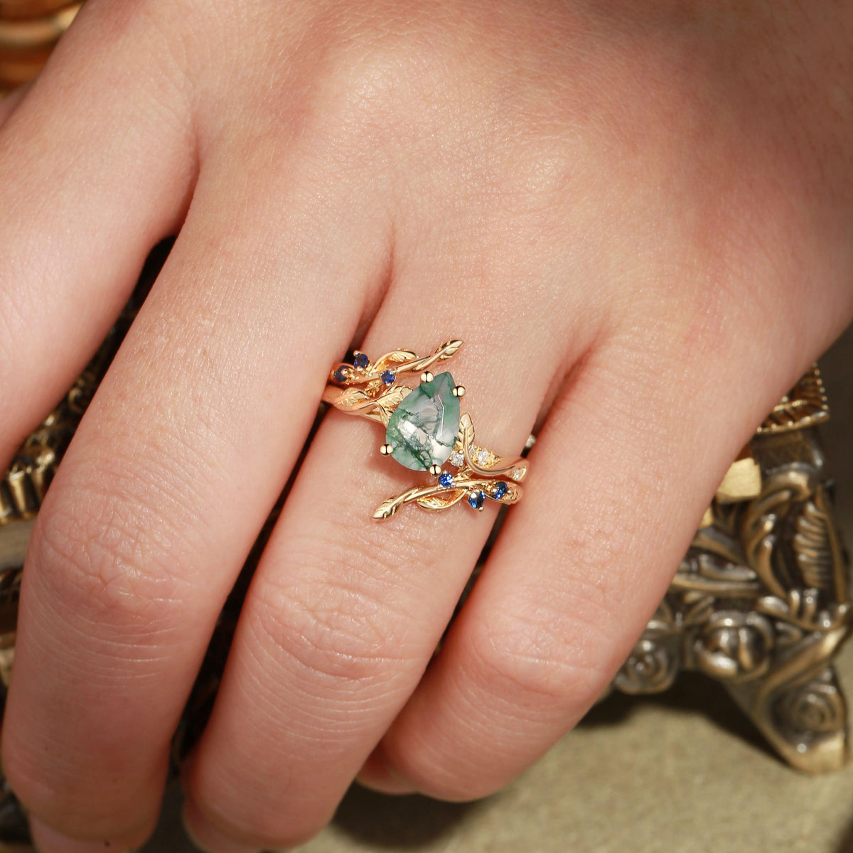 Cressida’s Companion | Moss Agate & Sapphire Engagement Enhancer Ring Set 2pcs.