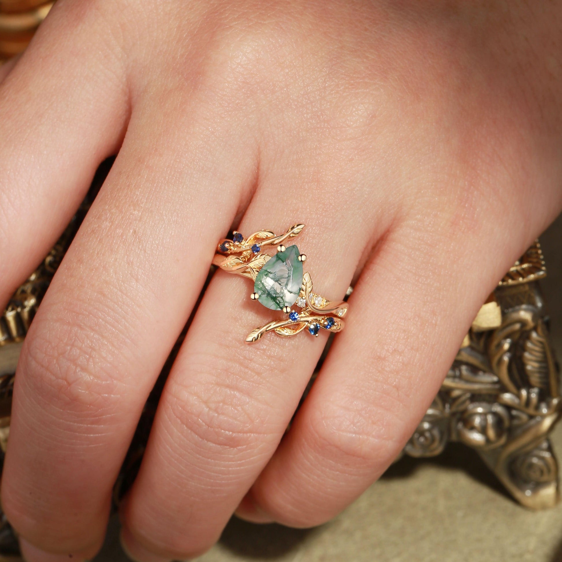 Cressida’s Companion | Moss Agate & Sapphire Engagement Enhancer Ring Set 2pcs.