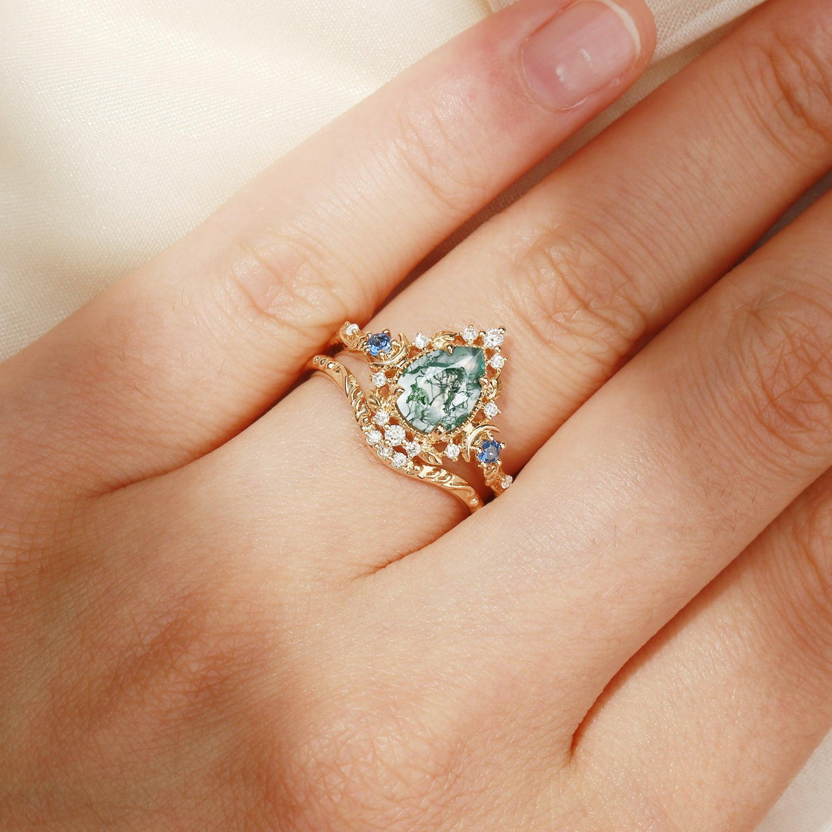 Unique Moonlight Moss Agate Pear Cut Vine Leaf Ring Bridal Sets 2pcs.