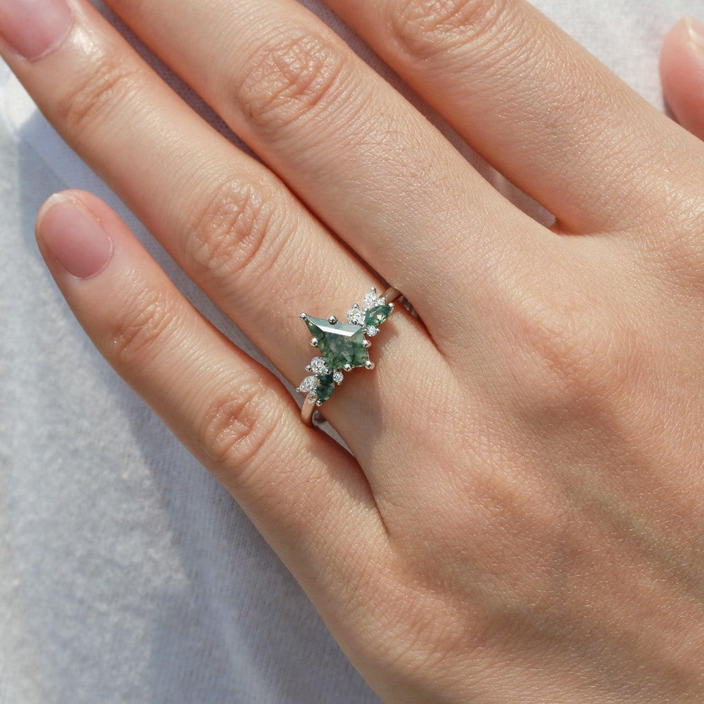 Lavinia’s Sprig | Classic Kite Cut Moss Agate Engagement Ring.