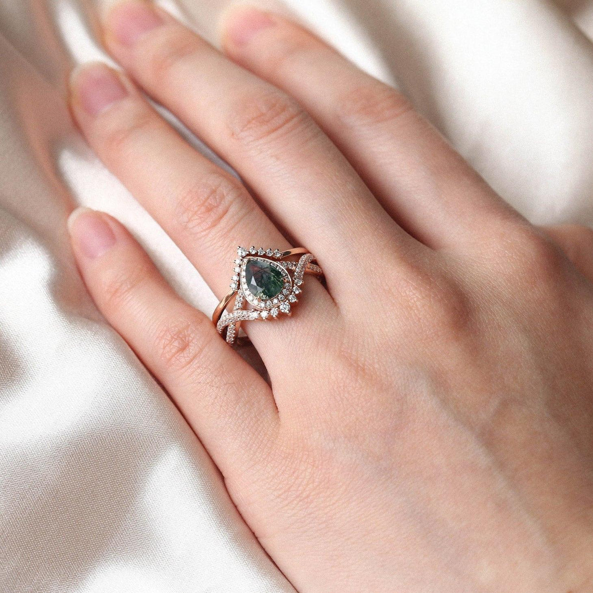 Valentina’s Eternity | Pear Moss Agate Halo Infinity Bridal Set 2pcs.
