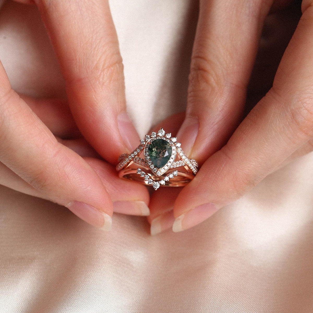 Valentina’s Eternity | Pear Moss Agate Halo Infinity Bridal Set 2pcs.
