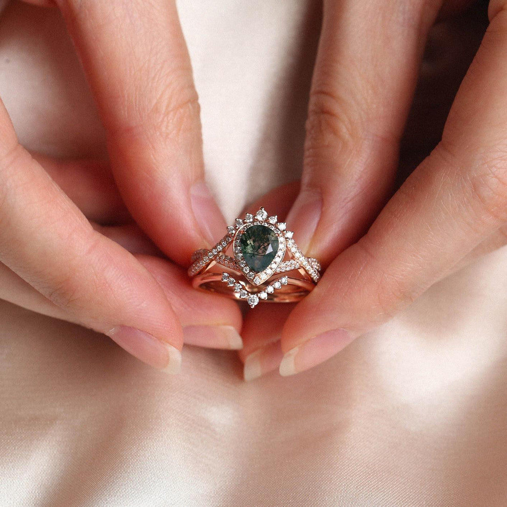 Valentina’s Eternity | Pear Moss Agate Halo Infinity Bridal Set 2pcs.