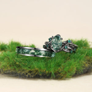 Evergreen Vows | Oval Moss Agate Leaf Veil Black Gold Couple Set 3pcs.