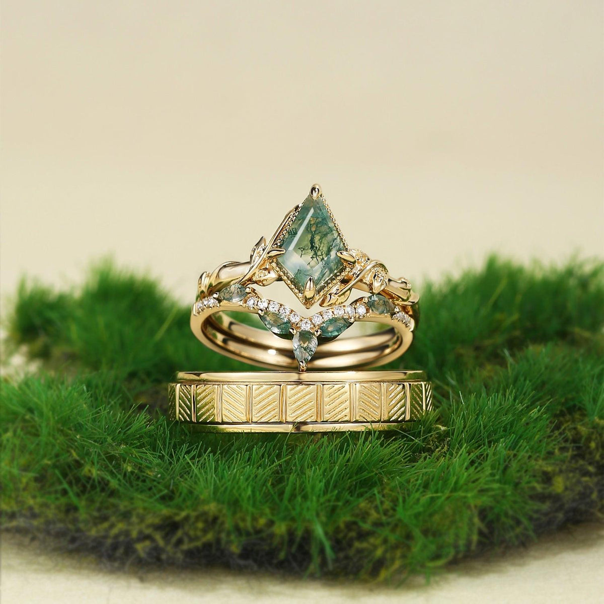 Flora’s Lark Trio | Kite Cut Moss Agate Leafy Couple Ring Set 3pcs.