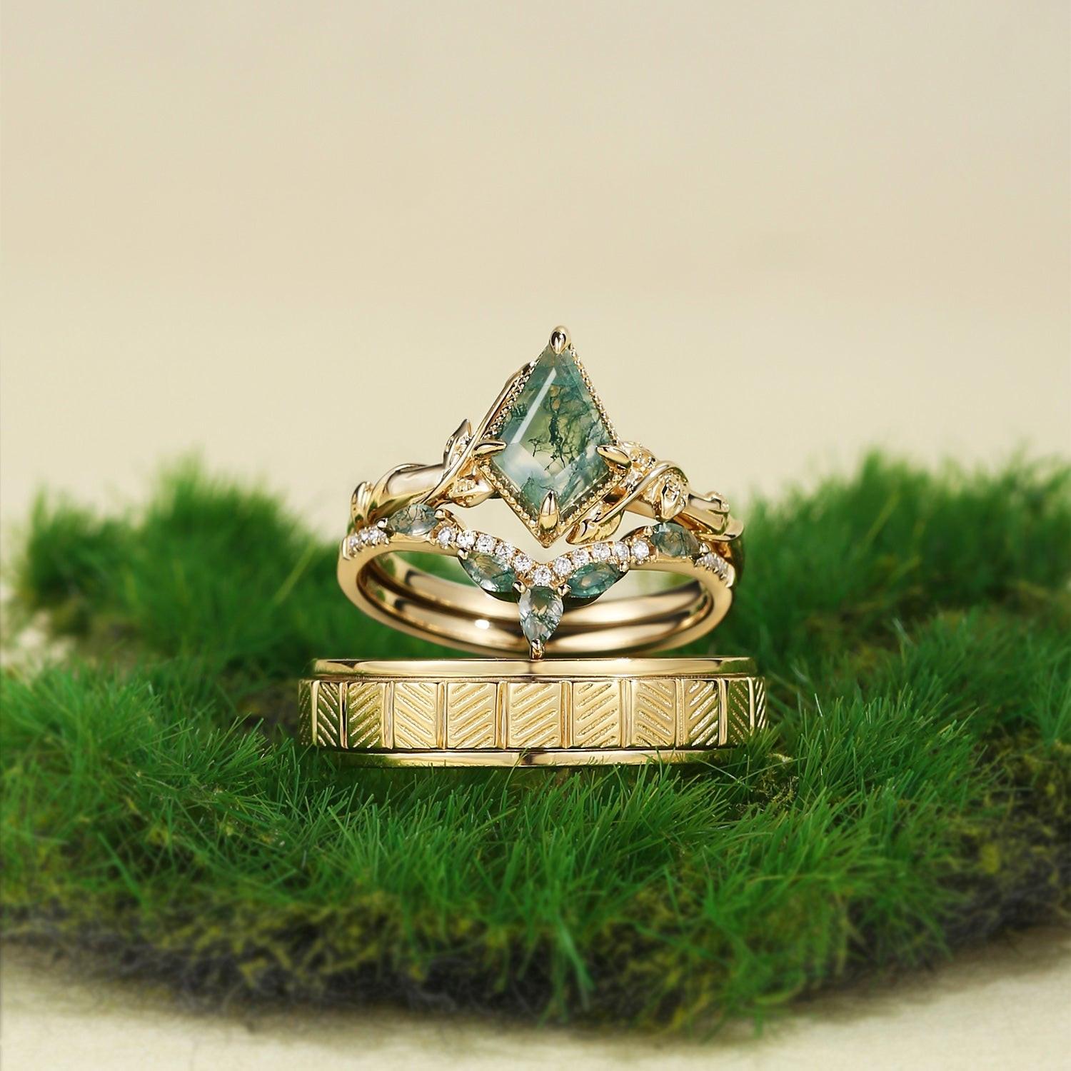 Flora’s Lark Trio | Kite Cut Moss Agate Leafy Couple Ring Set 3pcs.
