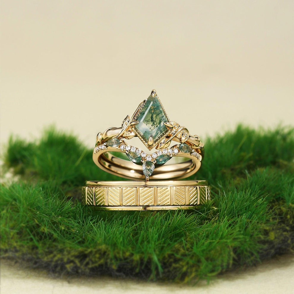 Flora’s Lark Trio | Kite Cut Moss Agate Leafy Couple Ring Set 3pcs.
