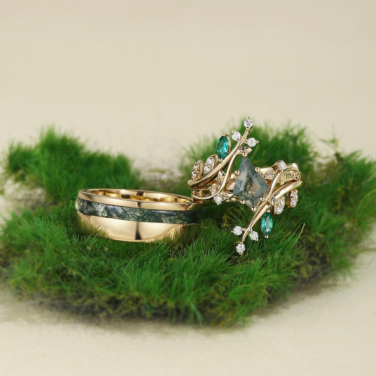 Sylvie’s Bower | Kite Cut Moss Agate Cage Leafy Couple Ring Set 3pcs.